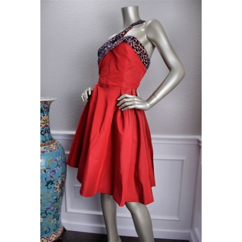 $2640 New CAROLINA HERRERA Red Silk Taffeta Leopard Cocktail Dress 8 - Picture 4 of 7